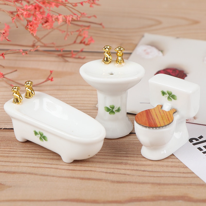 1 zestaw (3 szt.) 1/24 Dollhouse miniaturowy zestaw łazienkowy ceramiczna wanna toaleta dla lalek meble domowe zagraj w zabawkę 3styl