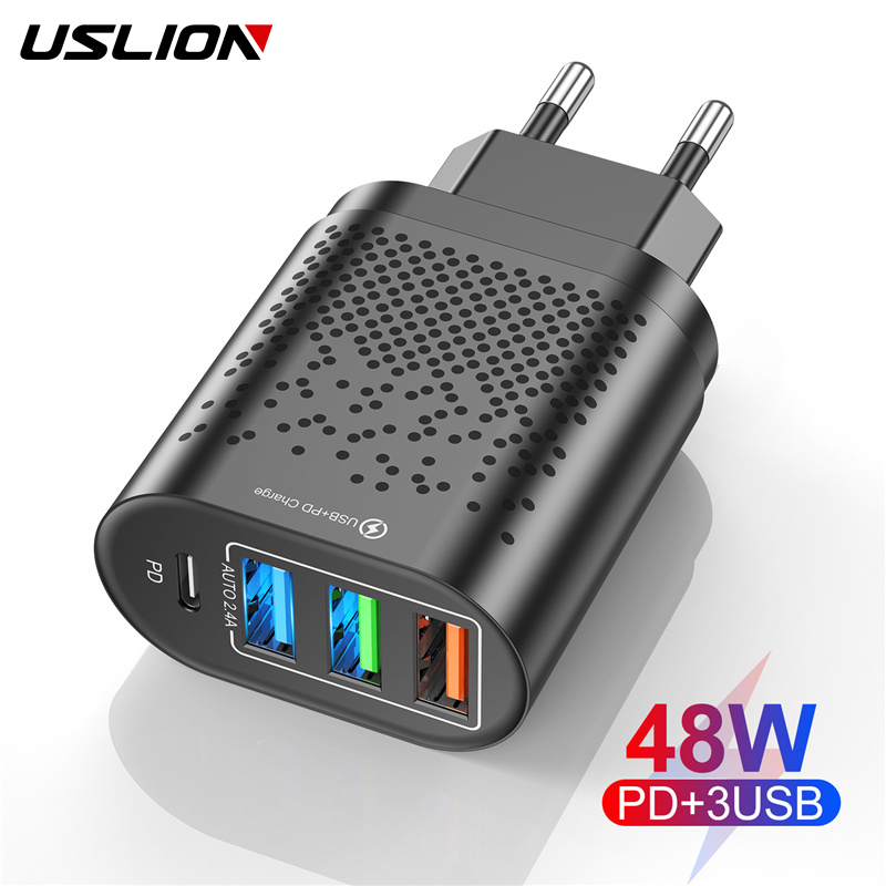 USLION 4 Hafen USB-C Ladegerät 48W USB Ladung Für iPhone 12 Profi Max Macbook Xiaomi PD Typ C Zauberstab ladegeräte USB Ladegerät