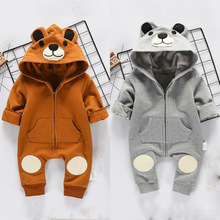 Boiiwant Schattige Beer Pasgeboren Baby Baby Boy Girl Kid Oor Hooded Romper Rits Cartoon Patchwork Jumpsuit Kleding Outfit Voor 0-24M