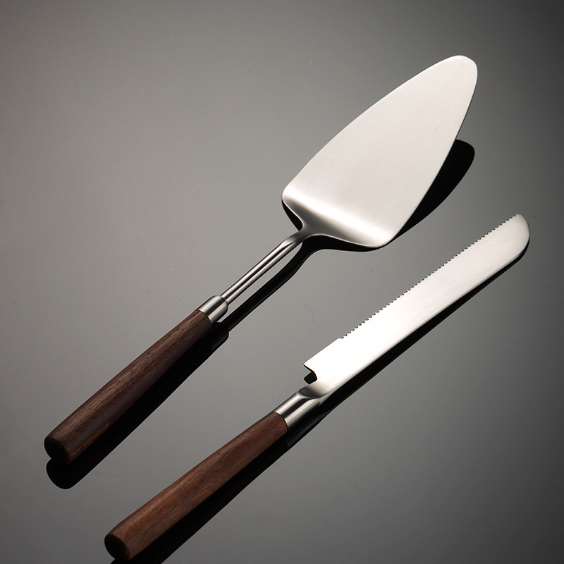 Pala de utensilios de cocina de acero inoxidable 304 de nogal, cuchara pequeña, pala voladora, cuchillo para pastel, espátula, herramientas de cocina, antiescaldado