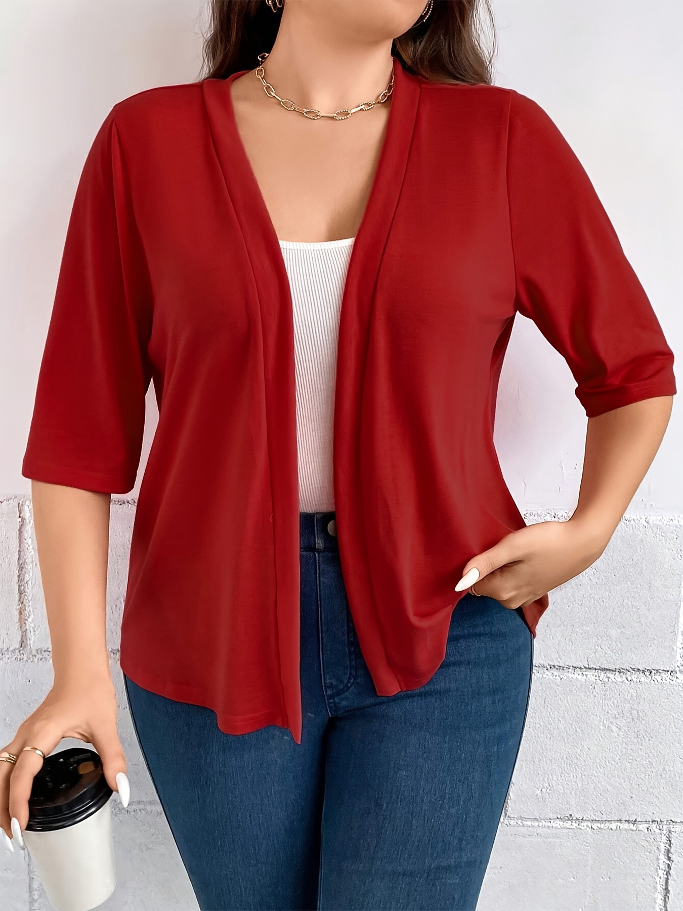 Blazer Drapé à Manches Trois-Quarts pour Documents, Veste Simple et Polyvalente, Couleur Unie, Grande Taille: 4XL / Bourgogne