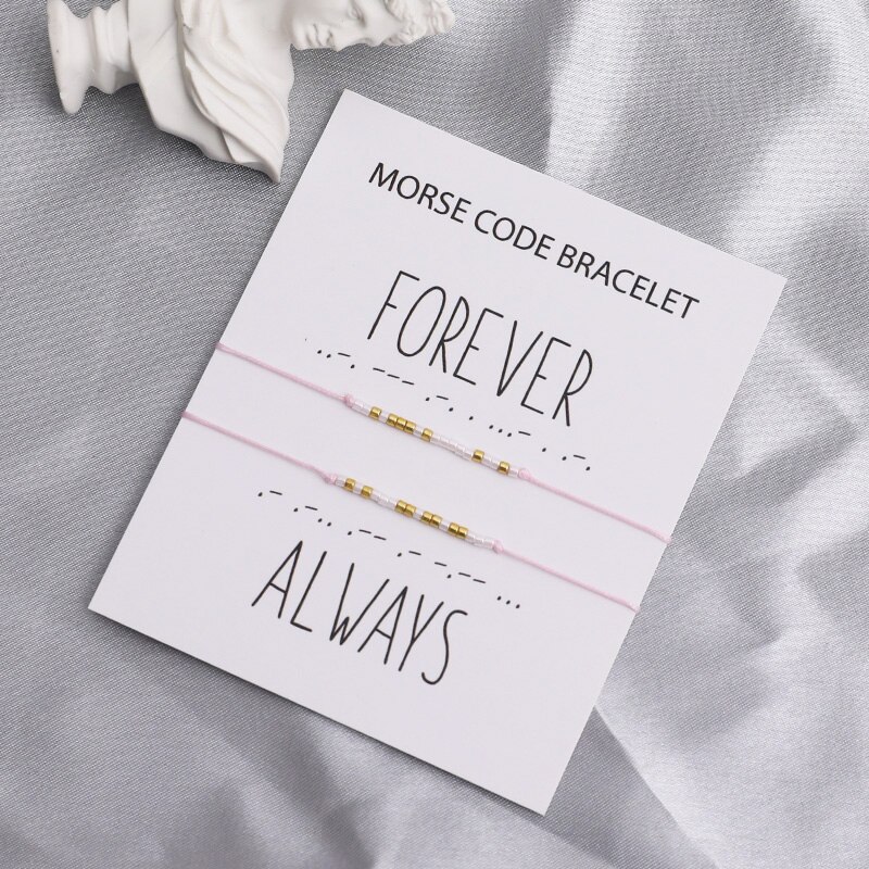 Forever Always Morse Code Couple Bracelet I Love You Morse Code Jewelry Morse Code Black Rope Matching Bracelet Couples Set: Pink