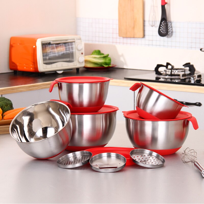 Edelstahl Schüsseln Mit deckel Griff Nicht-Unterhose Silikon Basis DIY Kuchen Backen Rührgerät Schüssel Salat Reibe Küche kochen Werkzeug
