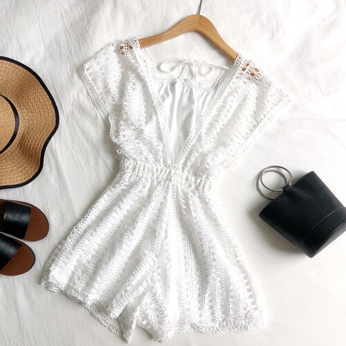 Woherb dam sommar playsuits ihåliga v-ringade spets jumpsuits med breda ben med hög midja kort jumpsuit strand lösa byxor: Vit jumpsuit