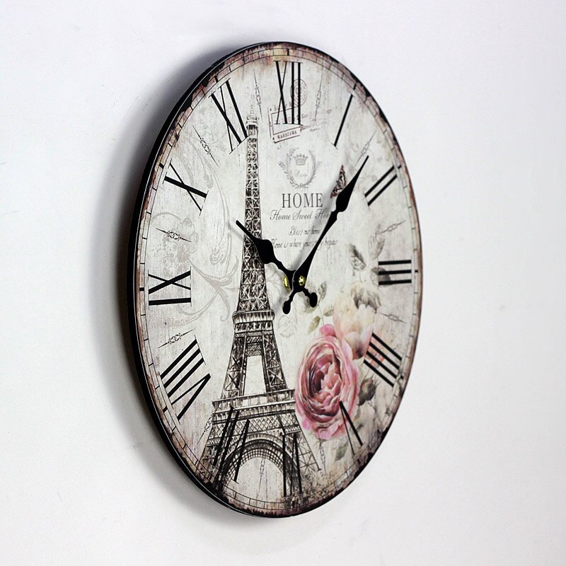 Paris Eiffel Tower Digital Wall Clock England Circular Wood Clocks coffee shop restaurant Bar Decor