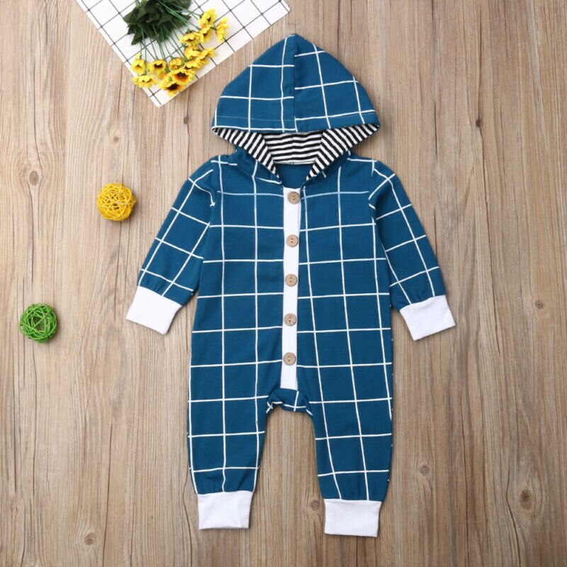 Baby Boy Plaid Clothes Long Sleeve Hooded Romper Jumpsuit Outfits