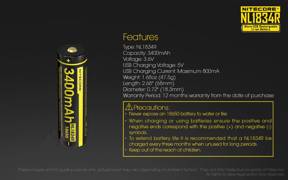 Nitecore NL1834R 3400mAh Micro-USB 18650 Li-ion Rechargeable Battery with Charging Port: NL1834R (3400mAh)