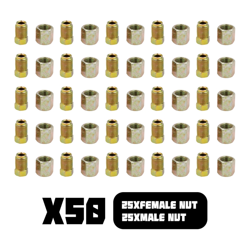 Auto Brake Pipe Fittings Female/Male Nut Metal Connector for 3/16inch Tube Threads Brake Line Fittings 50Pcs