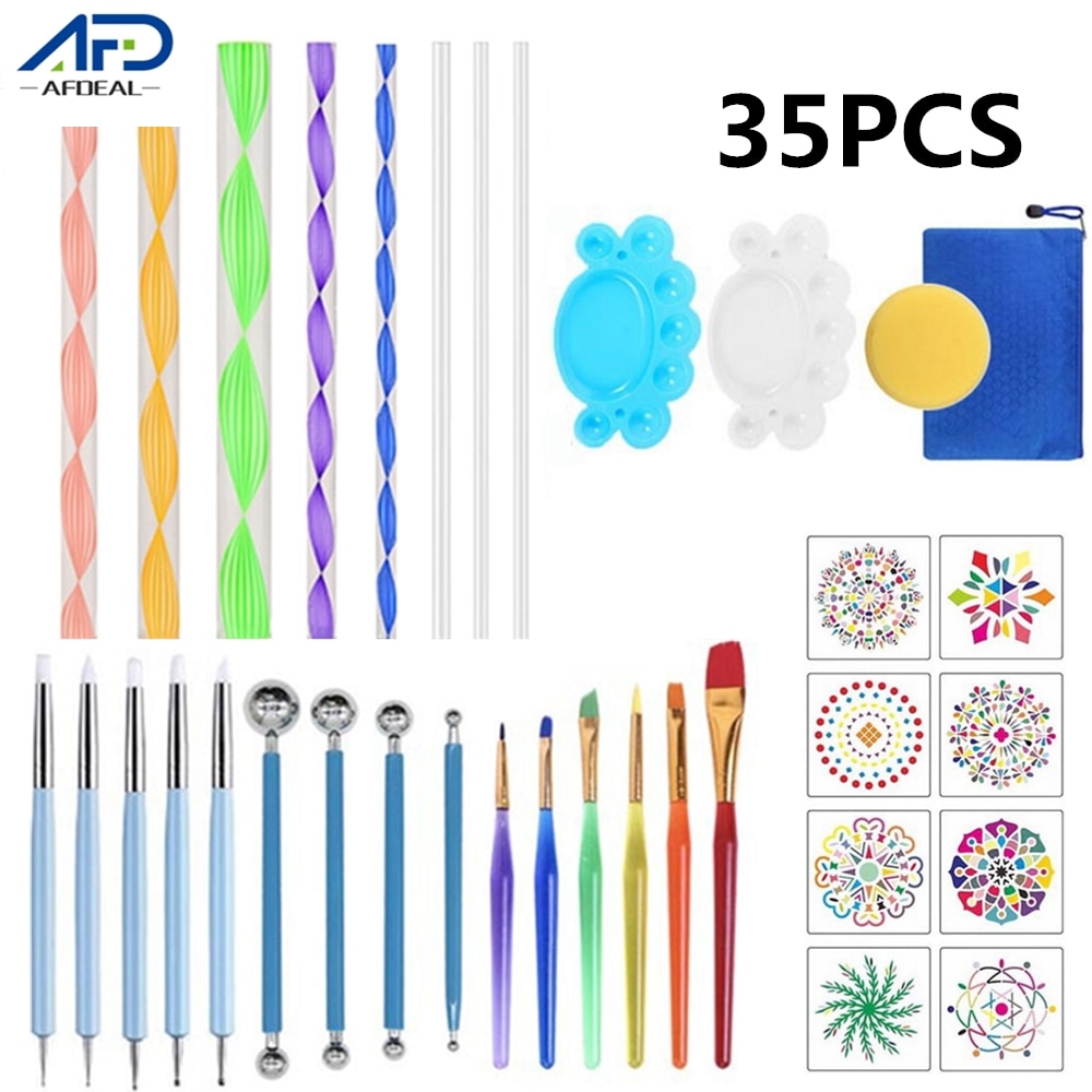 35Pcs/lot Mandala Dotting Tools Kits DIY Acrylic Stick Pen Stencil Template Brush Tray Kit for Painting Rocks Dotting Tool