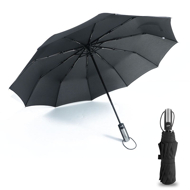 Windproof Reverse Folding Automatic Rain Umbrella Men Women 3Folding Rain Umbrella 10 Ribs Reflective Stripe Portable Parasol: Black164