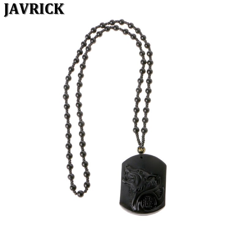 Javrick Black Obsidian Wolf Ketting Carving Wolf Hoofd Amulet Hanger Met Ketting Obsidiaan Blessing Lucky Hangers Sieraden