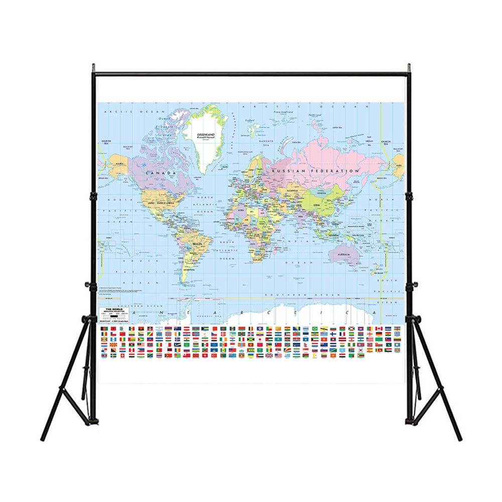 150X150Cm Mercator Projectie Kaart Niet-geweven Vinyl Spray Wereldkaart Met Nationale Vlag Voor Cultuur En onderwijs