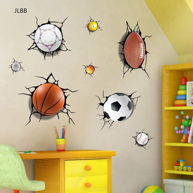 3D A lot of balls Broken wall sticker Football basketball home decals window stickers boys room living room sports decor mural