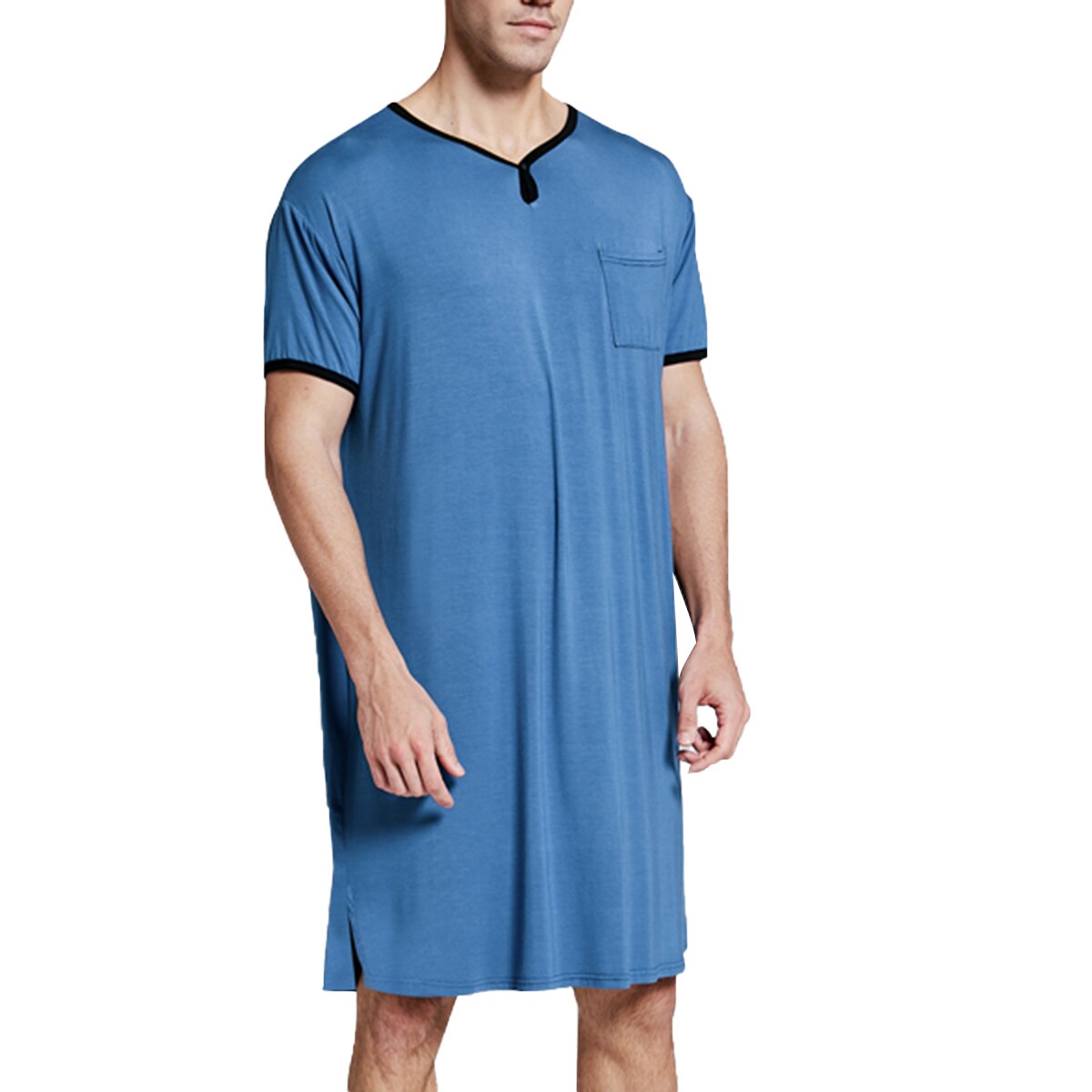 Robe de nuit en coton à manches courtes pour hommes, Vintage, pyjama, col rond, poches, couleur unie, Kaftan, Robes de bain, vêtements pour la maison, M-3XL: Bleu / M