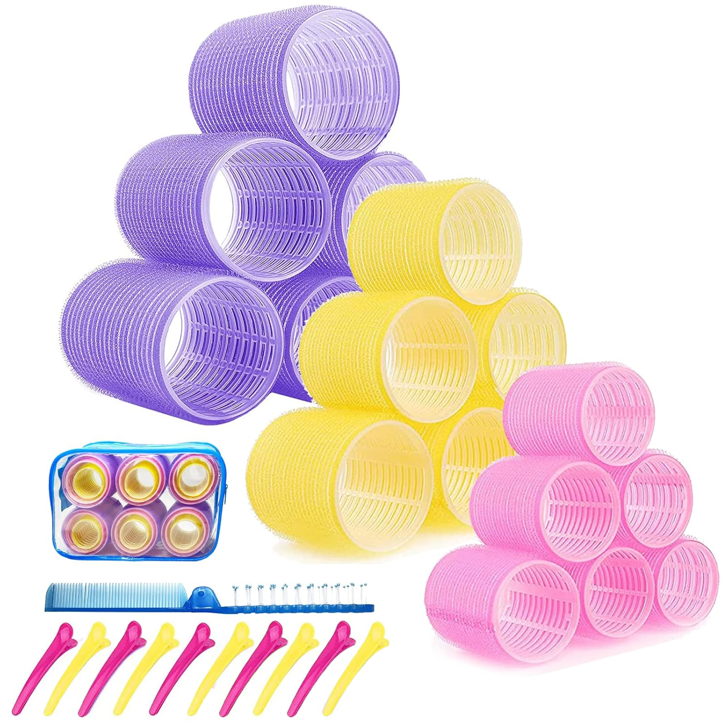 Rulos de velcro autosujeción para juego de cabello, 37 Uds., 3 tamaños (2,5/3,6/5,0 cm), rizadores de pelo sin calor con Clips, embalaje de viaje: Multicolor