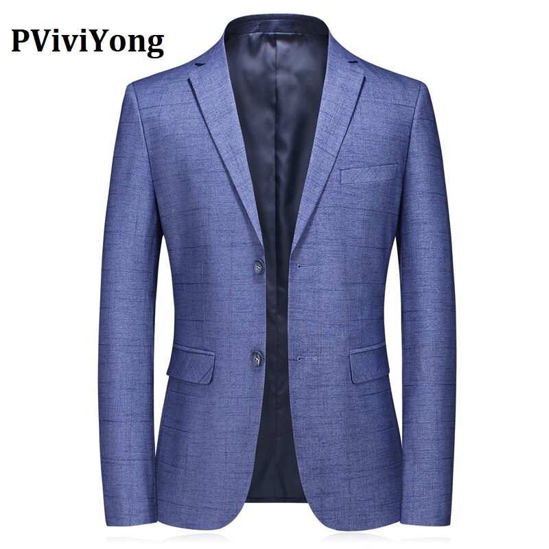 PViviYong Brand leisure suit top Blazers slim fit blue grid elastic suit jacket men C657: L