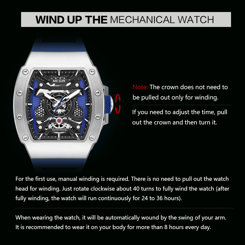 Reloj mecánico automático MEGIR para hombre con caja de acero inoxidable, correa de silicona, reloj de pulsera luminoso resistente al agua a la 8604