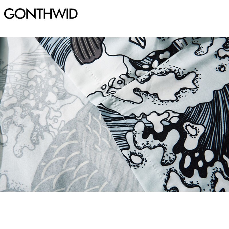 GONTHWID styl japońnarty karp Koi ryby Seawaves drukuj kardigan kimono koszule męskie zwykły otwarte przednie kurtki płaszcze topy znosić