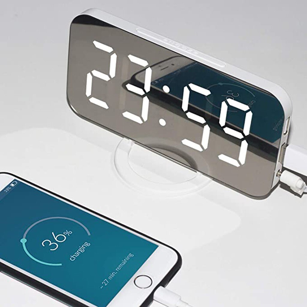 Wekker Digitale Elektronische Smart Led Spiegel Snooze Tabel 2 Usb-uitgang Poorten Telefoon Opladen Auto Verstelbare Licht Muur Horloge