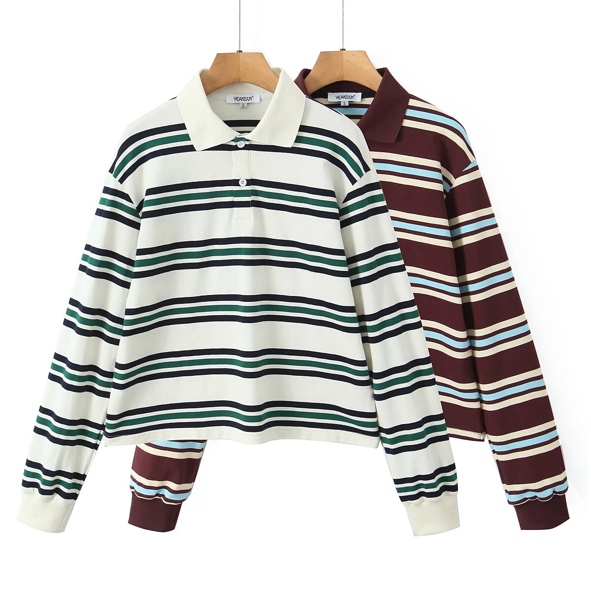 Sommer dame poloshirts dame langærmet crop top stribet vintage tøj poloshirts mujer streetwear afslappet toppe brun