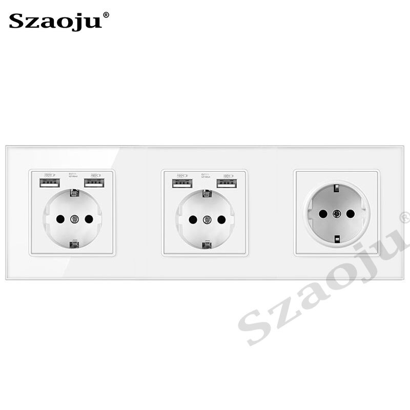 Szaoju wall socket German standard 16A crystal tempered glass panel socket Siamese power socket with USB charging AC110-250V: German 2USB 1jack