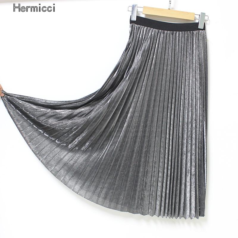 Filles plissé métal brillant argent jupe femmes décontracté Vintage mi-long a-ligne métallique daim jupes femme automne/hiver jupes