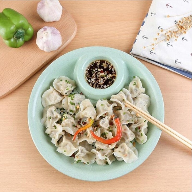 Bandeja de drenaje redonda de doble capa para Dumplings con plato para inmersión, plato para aperitivos, soporte para fruta, patatas fritas