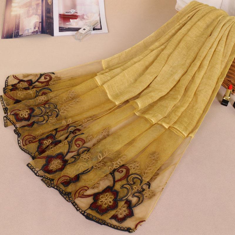 200*85cm kvinder bomuldsblomst langt tørklæde blonder patchwork muslimsk hijab tørklæde indien islam kappe tyrkisk sjal wrap tørklæde pashmina: 03 gule