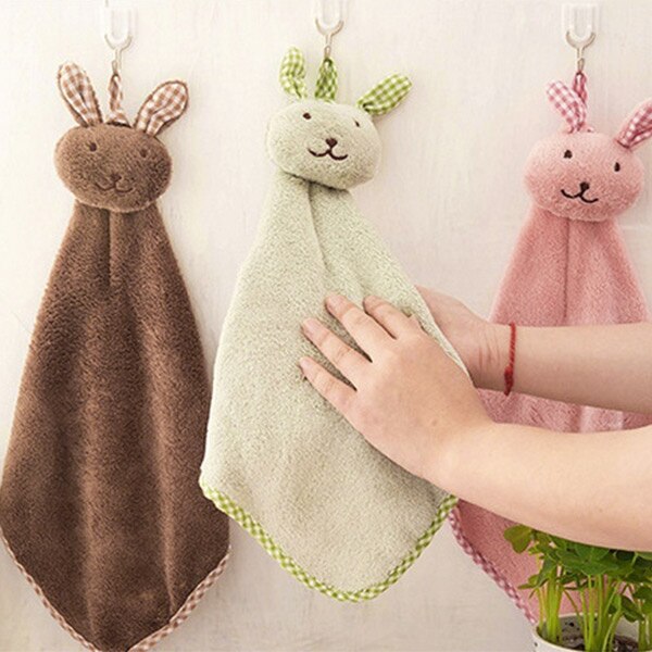 Cute Bunny Coral Fleece Hand Towel Kitchen Hanger Washcloth Lovely NSV775