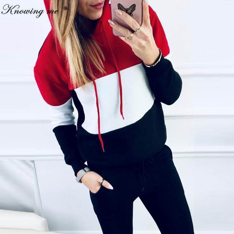 Women Winter sport Tracksuit Sets Lady casual Autumn Long Sleeve Thicken Hooded Sweatshirts 2 Piece Set Female patchwork Suits