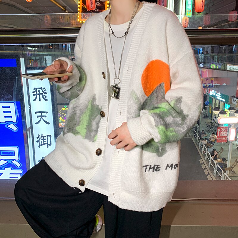 Mode Jacquard Gebreide Trui Top Lange Mouwen Losse Vest Mannen High Street Casual Sweatercoat Zwart/Wit