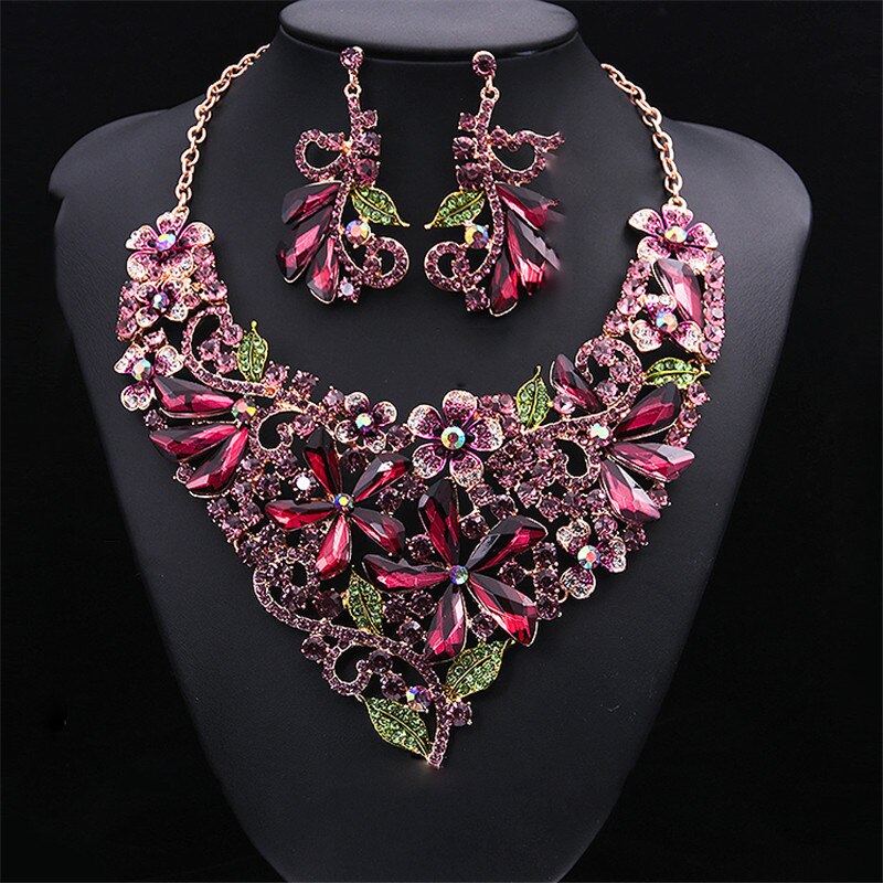 Wedding Jewelry For Women Bridal Crystal Necklace Earring Sets Charm Five-leaf Flower Luxurious Jewelry Valentine&#39;s Day: Purple