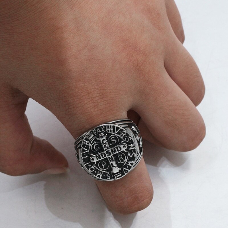 Stainless Steel St. Benedict&#39;s Exorcism Cross Ring CSPB Cross Gold Men&#39;s Stainless Steel Ring