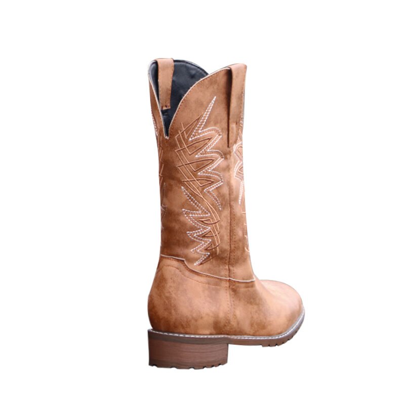 Bottes Western Vintage pour femmes, chaussures brodées à bout rond et talons épais, bottes de Cowboy marron, automne