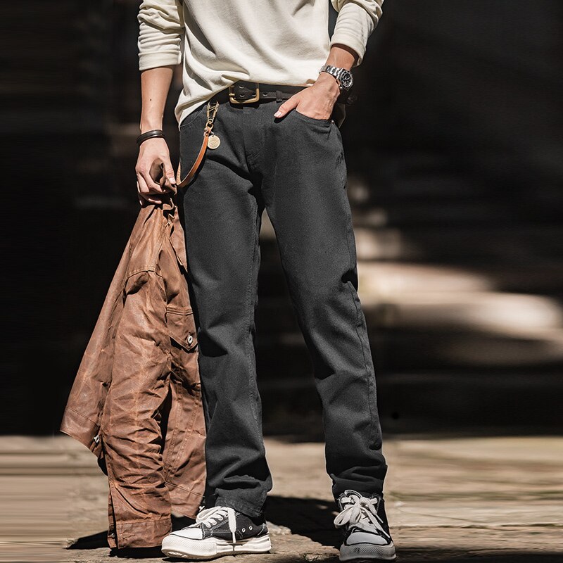 Maden-pantalones vaqueros holgados para hombre, Jeans de cintura media, negro puro americano, lavado con agua, bolsillo recto, estilo clásico, tanino