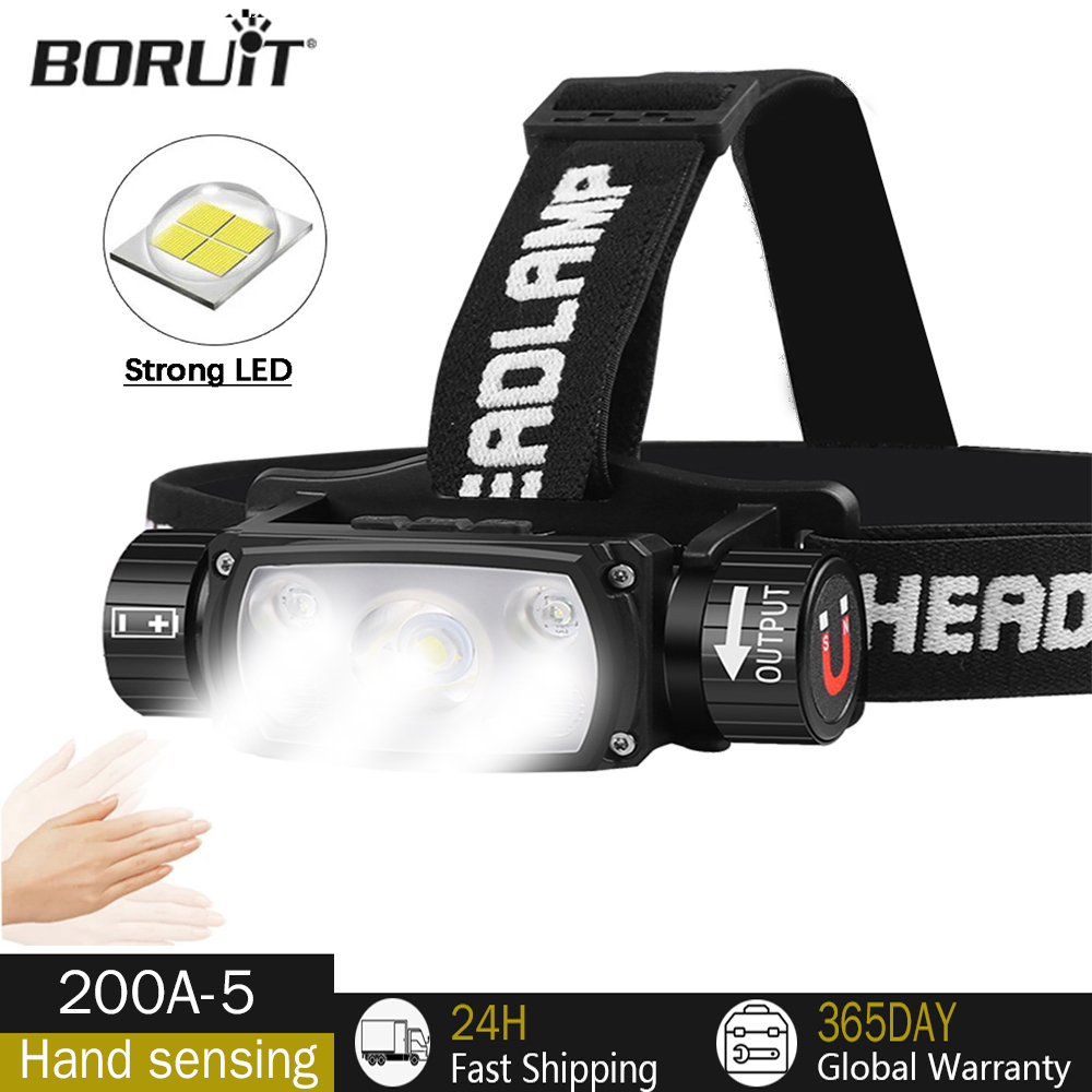 BORUiT-linterna frontal LED con 3 modos de inducción, batería 18650/21700, recargable tipo C, para trabajo de pesca nocturna, linterna para acampar