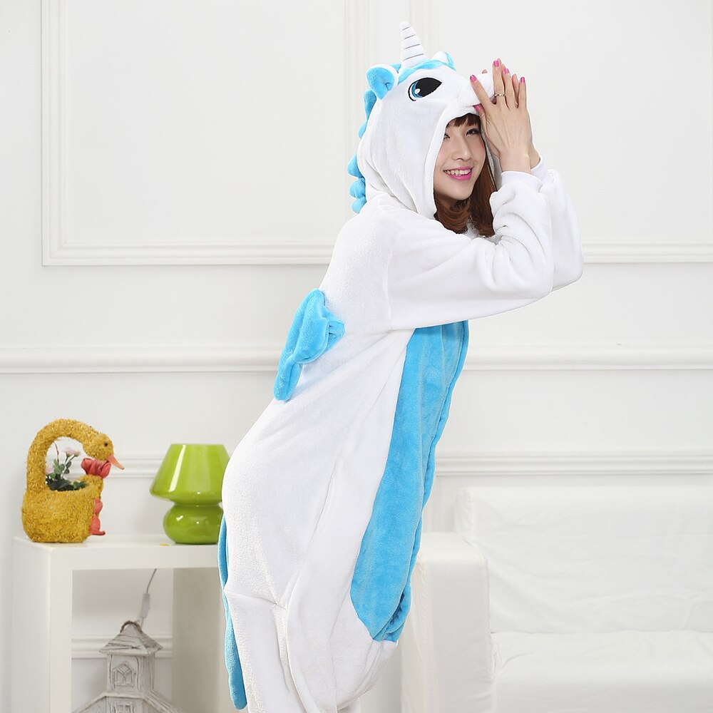 Blue White Unicorn Kigurumis Unisex Pajama Women Girl Adult Sleepwear Flannel Warm Home Jumpsuit Animal Funny Cute Onepiece Suit