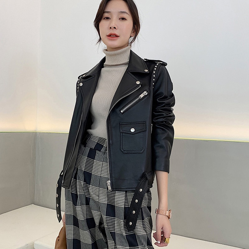 Chaqueta de piel para mujer, chaqueta de piel negra de imitación estrecha con remaches y cremallera, chaquetas de piel para mujer, chaqueta de motociclista con tachuelas de Pu para mujer, prendas de vestir