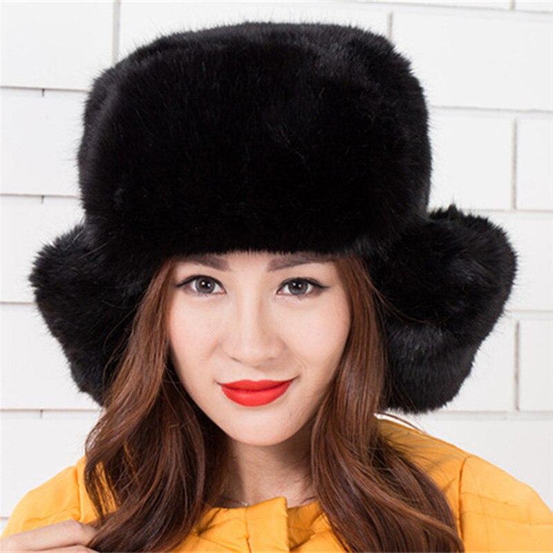 Sombreros de estilo cosaco ruso para mujer, gorros de piel sintética, cálidos, de invierno, con protección para las orejas, color negro, 027