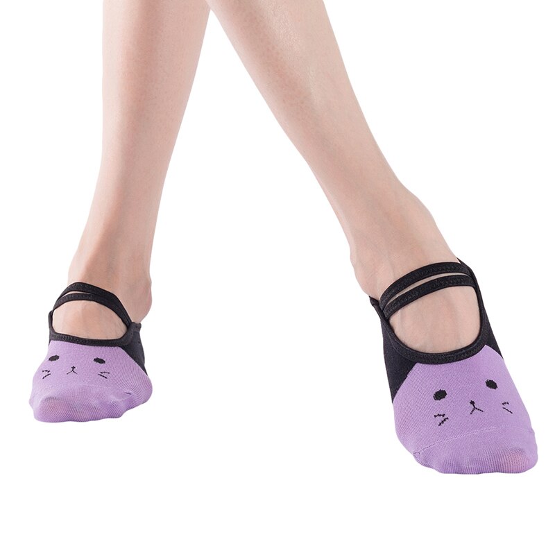 Bandage yoga sokker til kvinder skridsikre gulvsokker hurtigtørre backless pilates ballet sokker kat print sportsbeklædning tilbehør: Lys lilla