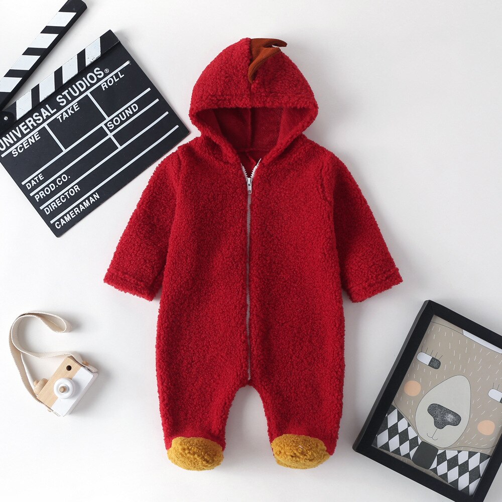 Herfst Winter Pasgeboren Baby Dikke Coral Fleece Footies Dinosaurus Lange Mouwen Hooded Jumpsuit Meisjes Jongens Warme Klim Kleding