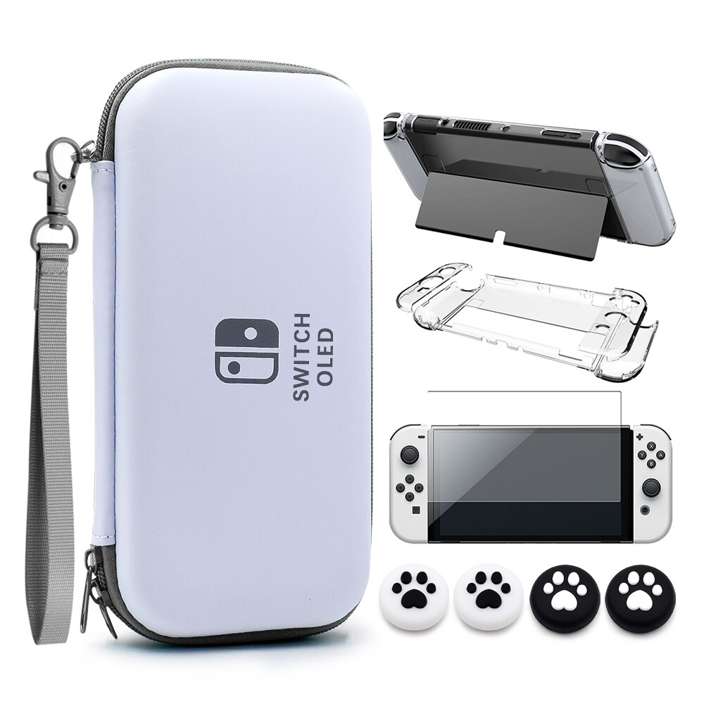 Switch OLED Storage Carry Bag Accessories Kit PC Clear Cover Case Screen Protector With Analog Grips for Nintendo Switch OLED: Silver