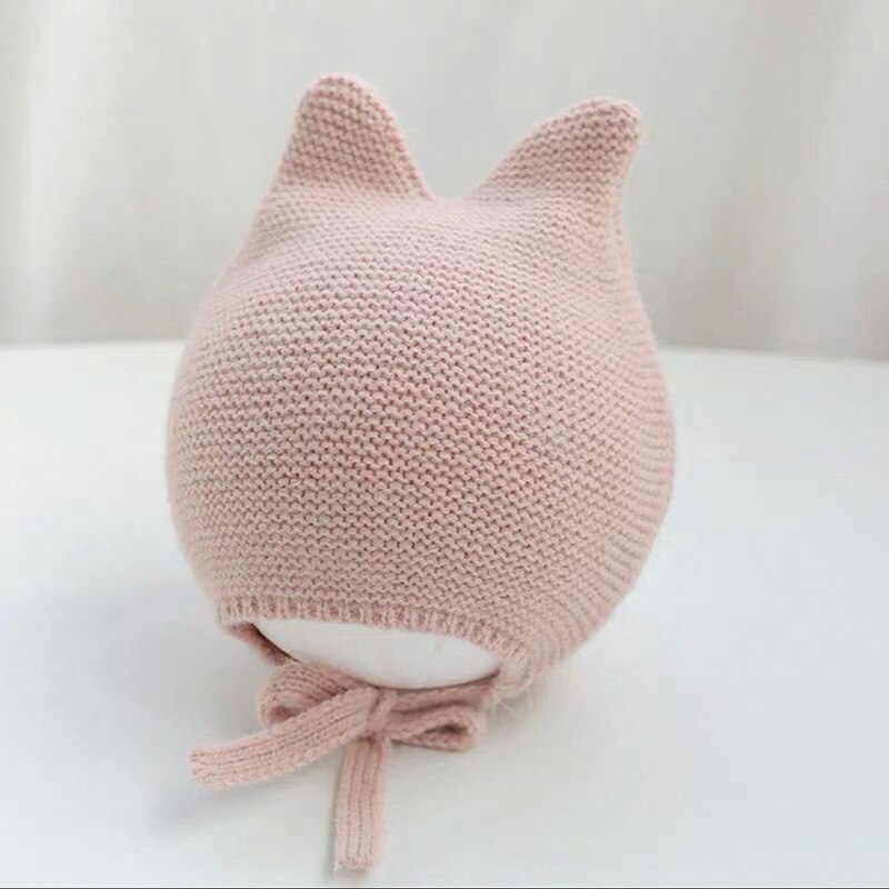 Søt babylue med øre høst vinter spedbarn baby jente gutt lue ensfarget varm strikket pjokk lue for barn: Rosa