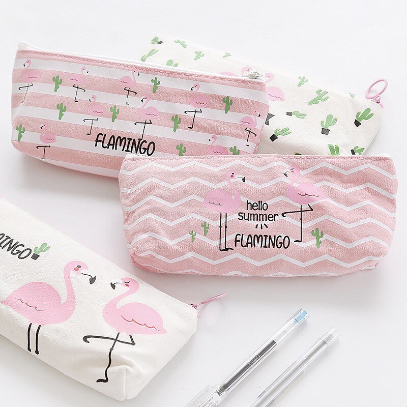 Kawaii – trousse à crayons en toile rose flamant rose, sac de rangement, sac à crayons, fournitures de papeterie scolaire pour élèves