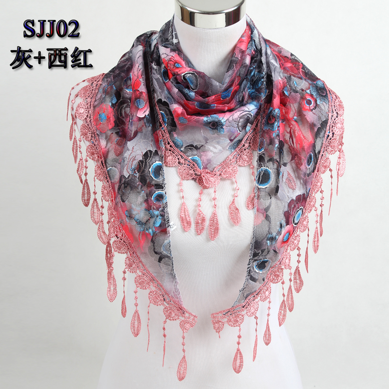 Women Triangle Scarf Lace Floral Summer Beach Tassel Scarves Chiffon Silk Wrap Pashmina Stole Foulard Hijab SJJ02: Gray watermelon red