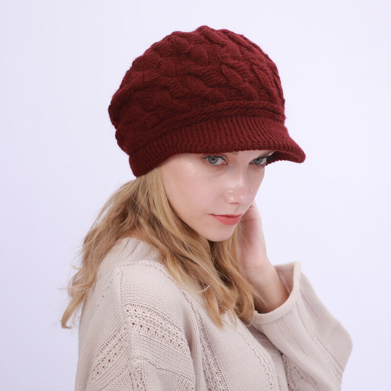 Bonnet d&#39;hiver en fourrure de lapin pour Femme, tricot, Crochet, Ski, Skullies: Wine red