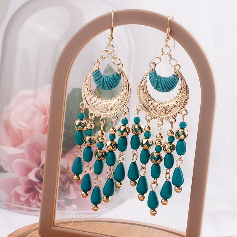 Pendientes colgantes de flores bohemios para mujer, aretes largos de acrílico con cuentas y borlas, joyería de boda,: E1795-Blue