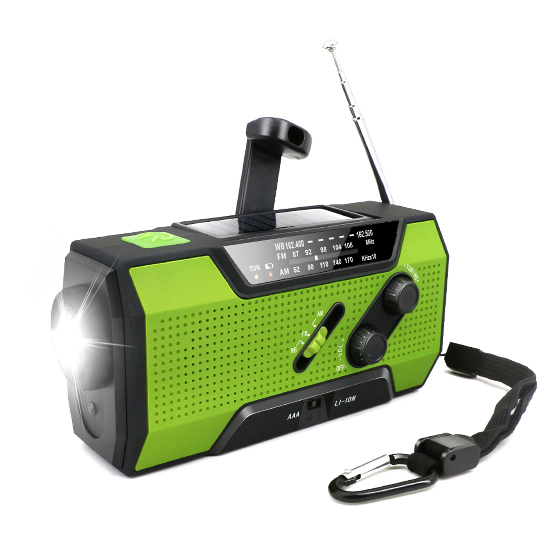 Wielofunkcyjne radio awaryjne AM/FM Przenośne radio Solor Hand Crank USB AA Baterie Ładowalna latarka Lampka do czytania Alarm SOS: green