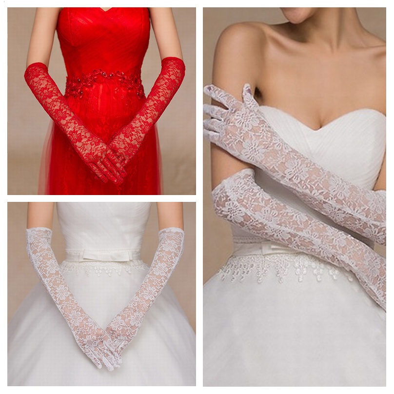 Guantes rosas de boda económicos para mujer, guantes largos de novia, guantes de encaje blanco puro, guantes para el dedo para novia, accesorios de longitud al codo