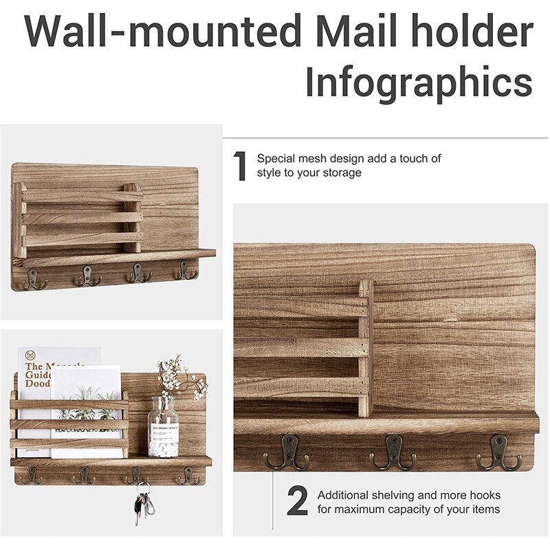 Porte-courrier mural en bois, organisateur de tri de courrier, avec 4 crochets à Double clé, décoration de la maison, pour l'entrée ou la salle de boue
